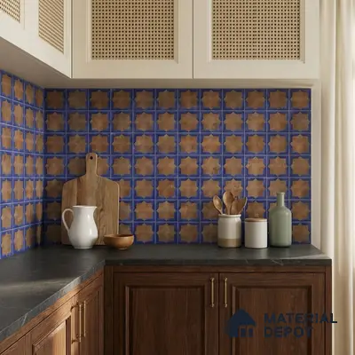 Mediterranean kitchen with blue and brown moroccan backsplash tile and dark wood cabinets