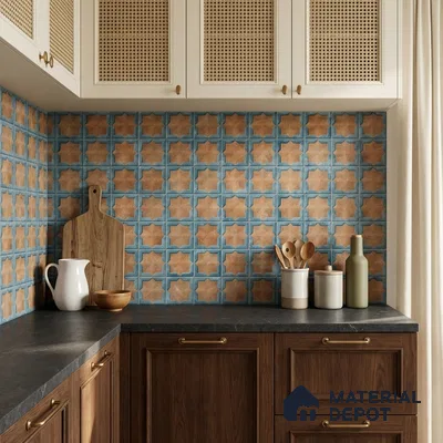 Mediterranean kitchen with blue and terracotta moroccan wall tiles and walnut wood cabinets