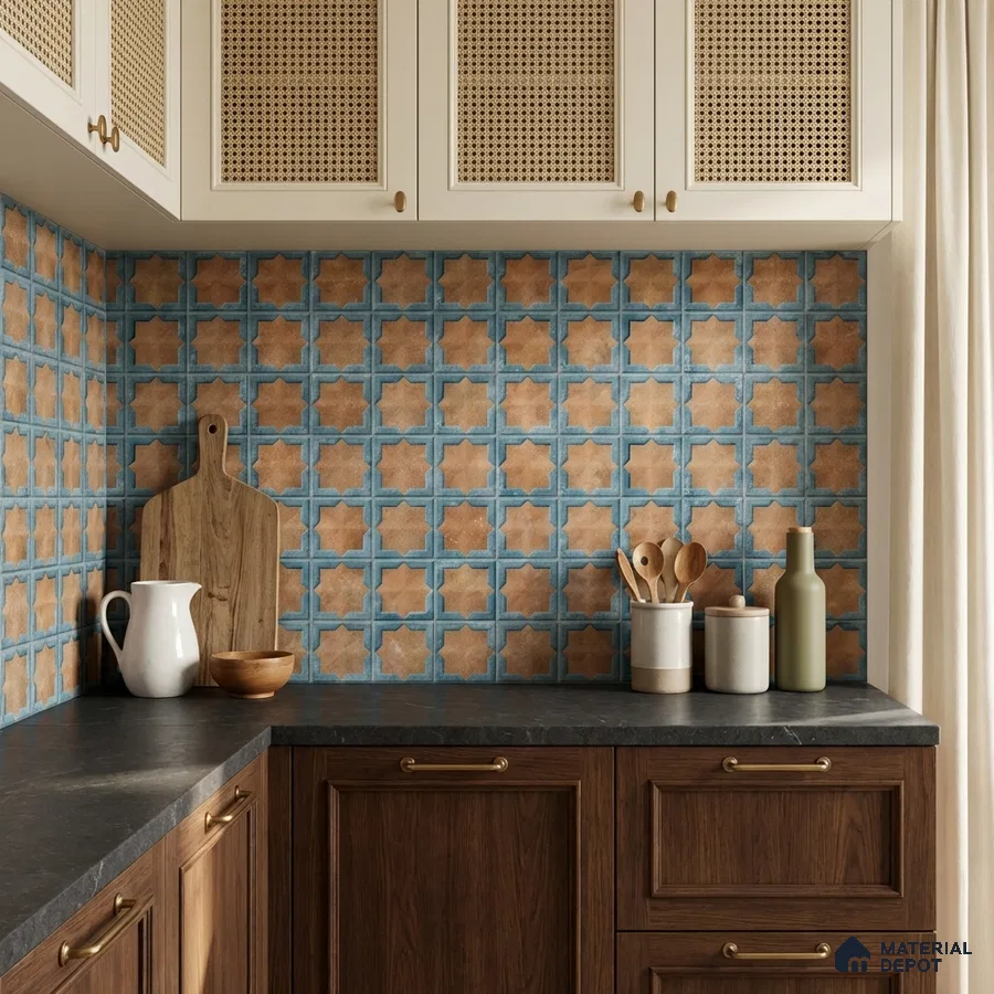 Mediterranean kitchen with blue and terracotta moroccan wall tiles and walnut wood cabinets