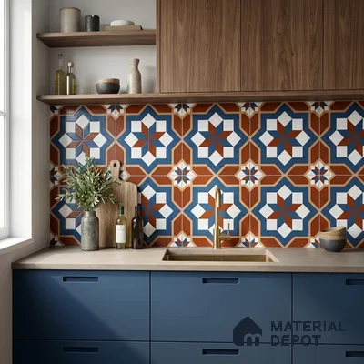 Mediterranean kitchen with blue laminate cabinets, walnut wood, and terracotta geometric patterned backsplash tiles