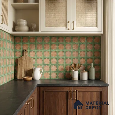 Mediterranean kitchen with green and terracotta star patterned backsplash tile and walnut wood cabinets