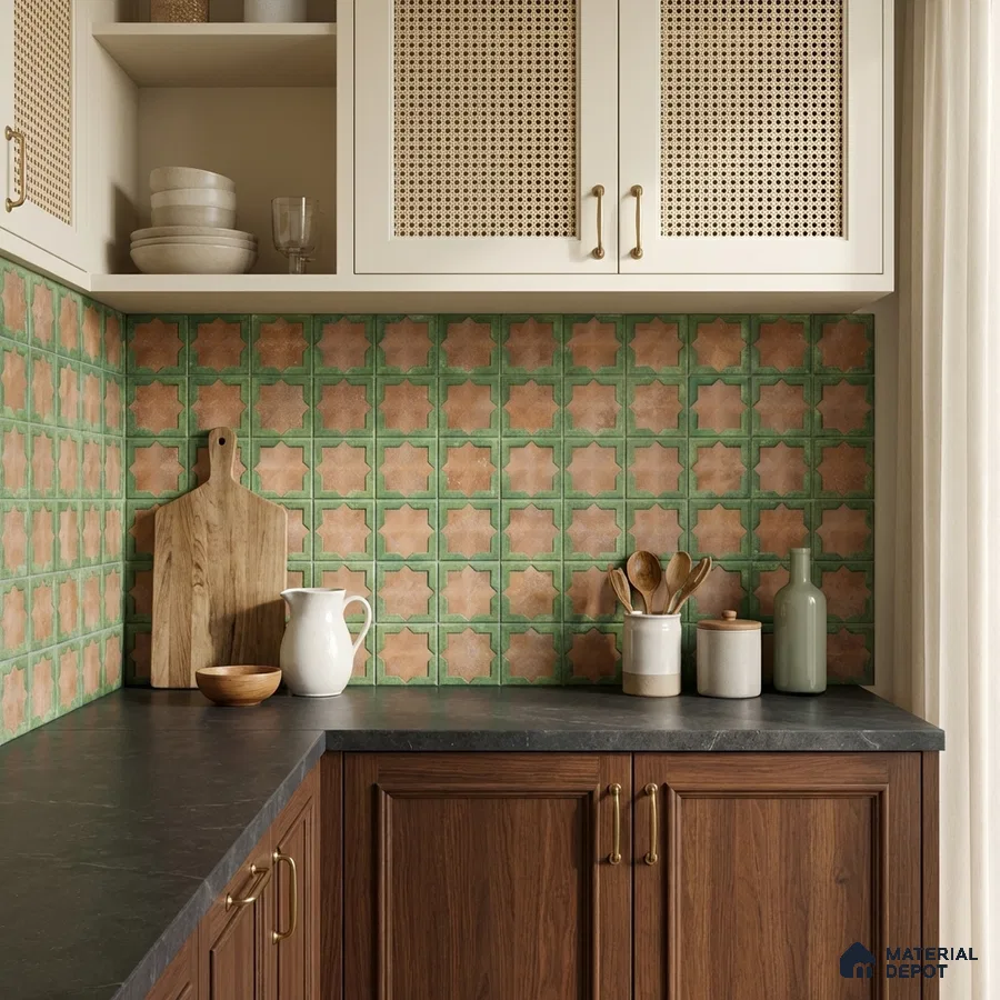 Mediterranean kitchen with green and terracotta star patterned backsplash tile and walnut wood cabinets