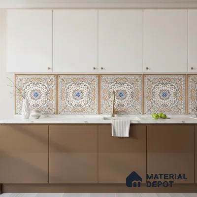 Mediterranean kitchen with patterned moroccan backsplash tile, white and taupe laminate cabinets, and white marble countertop in Bengaluru