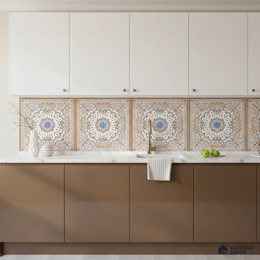 Mediterranean kitchen with patterned moroccan backsplash tile, white and taupe laminate cabinets, and white marble countertop in Bengaluru
