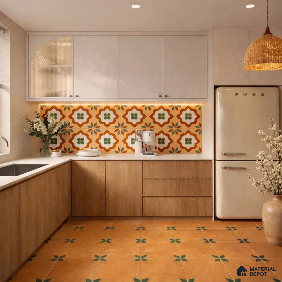 Mediterranean kitchen with patterned terracotta floor tiles, floral moroccan backsplash tiles, and wood laminate cabinets