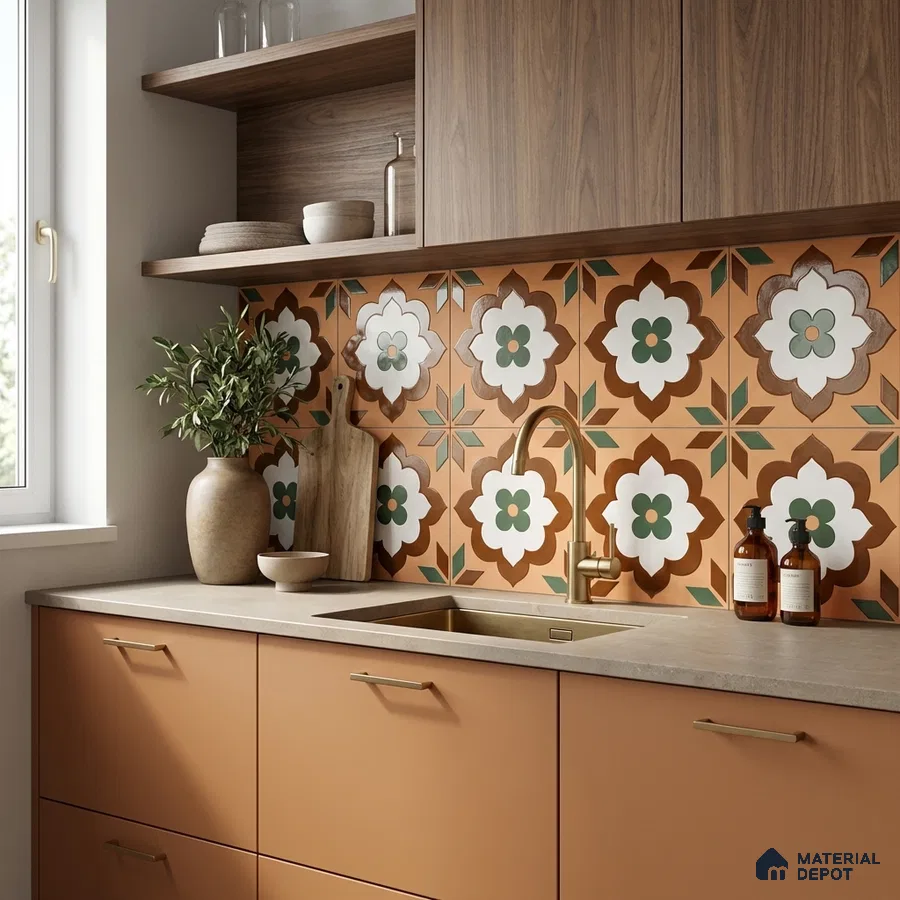 Mediterranean kitchen with terracotta floral patterned backsplash tiles and matte beige laminate cabinets
