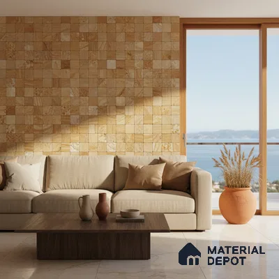 Mediterranean living room with beige stone wall tiles and marble floor tiles in Bengaluru