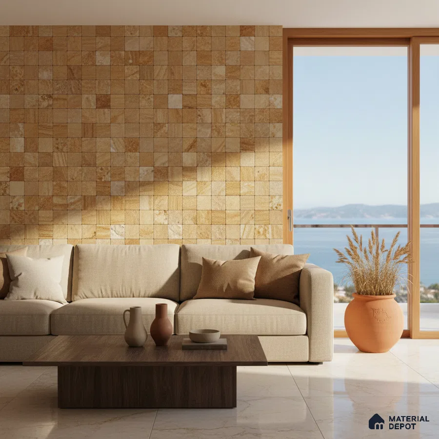 Mediterranean living room with beige stone wall tiles and marble floor tiles in Bengaluru