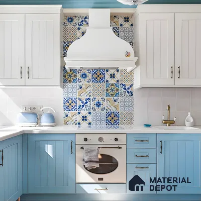 Mediterranean-Inspired Blue and White Kitchen with Patterned Tile Backsplash | Material Depot