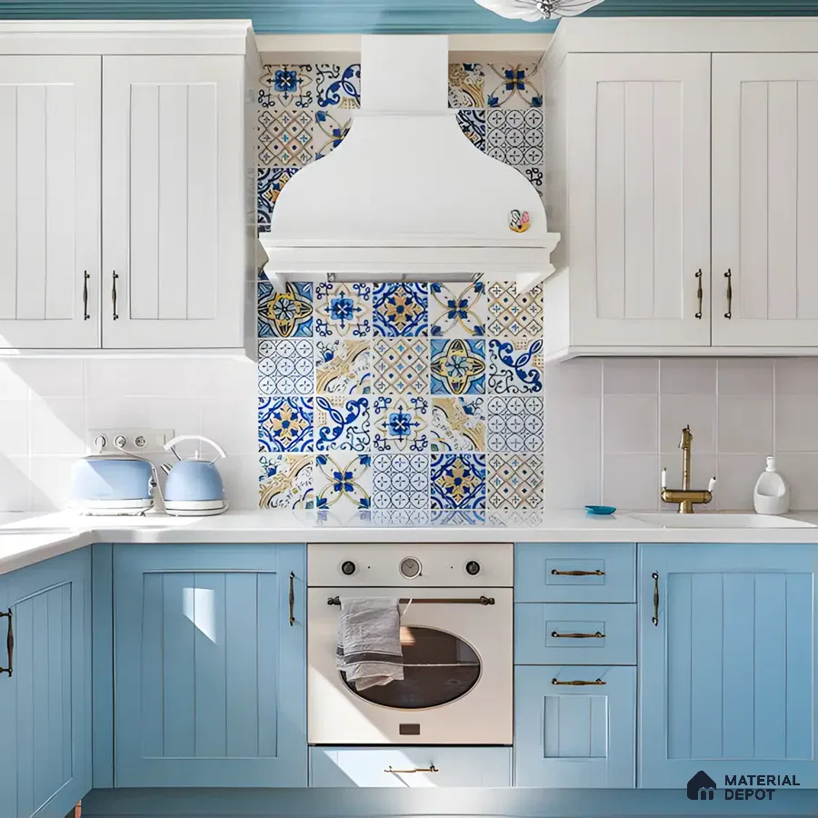 Mediterranean-Inspired Blue and White Kitchen with Patterned Tile Backsplash | Material Depot