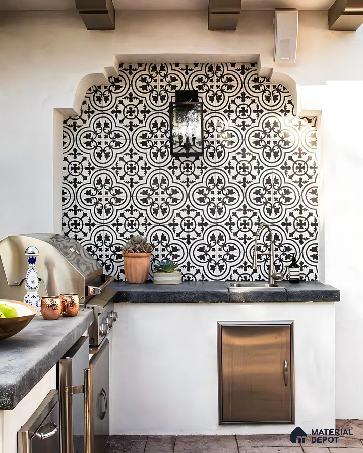 Mediterranean-Inspired Outdoor Kitchen with Patterned Tile Accents | Material Depot