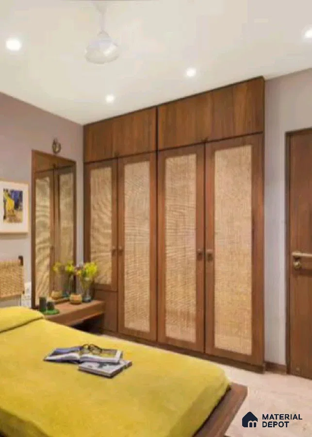 Mid-century modern bedroom with natural cane wardrobe shutters and walnut brown wood laminate | Material Depot