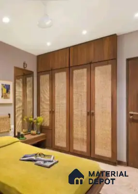 Mid-century modern bedroom with natural cane wardrobe shutters and walnut brown wood laminate | Material Depot