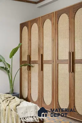 Mid-century modern wardrobe with natural cane and walnut wood finish | Material Depot