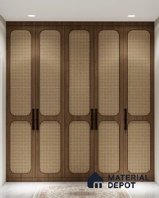 Mid-century modern wardrobe with walnut wood laminate and cane panel shutters | Material Depot