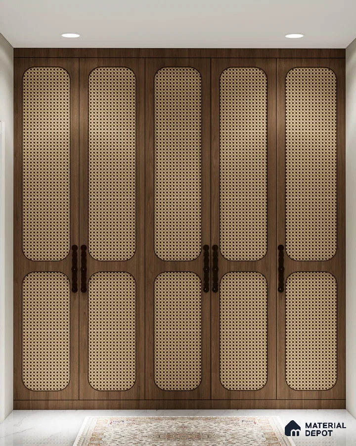 Mid-century modern wardrobe with walnut wood laminate and cane panel shutters | Material Depot