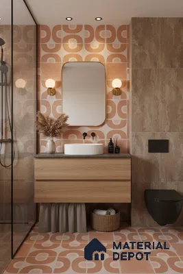 Mid-century modern bathroom with terracotta geometric patterned tiles and light oak vanity in Bengaluru | Material Depot
