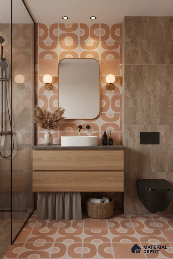 Mid-century modern bathroom with terracotta geometric patterned tiles and light oak vanity in Bengaluru | Material Depot
