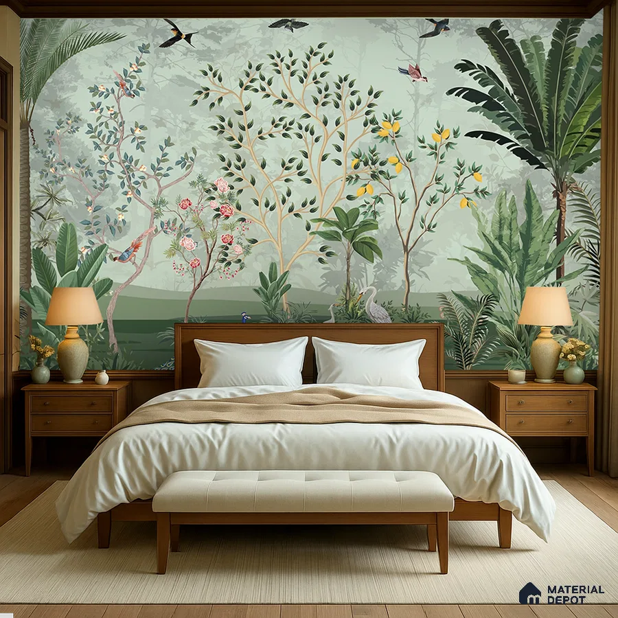 Mid-century modern bedroom with chinoiserie tropical wallpaper and natural wood furniture in Bengaluru
