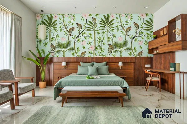 Mid-century modern bedroom with tropical wallpaper, walnut wood paneling, and marble floor tiles in Purva Midtown B-Narayanapura 3 BHK Bengaluru Apartment