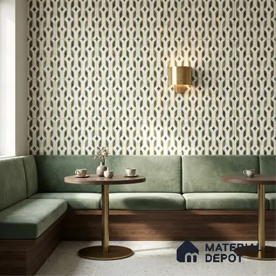 Mid-century modern dining area with geometric patterned wall tiles, sage green suede upholstery, and walnut wood base