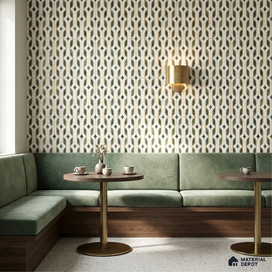 Mid-century modern dining area with geometric patterned wall tiles, sage green suede upholstery, and walnut wood base