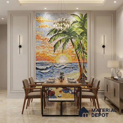 Mid-century modern dining room with tropical mosaic poster wall mural tile accent wall and beige marble floor