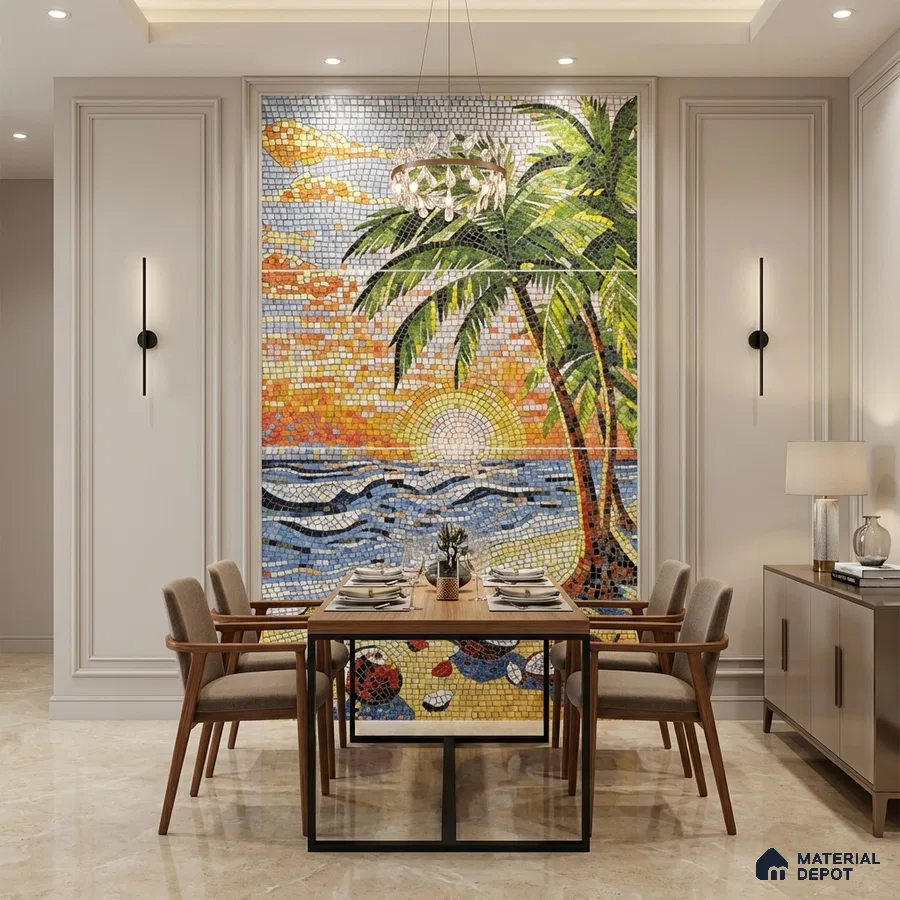 Mid-century modern dining room with tropical mosaic poster wall mural tile accent wall and beige marble floor
