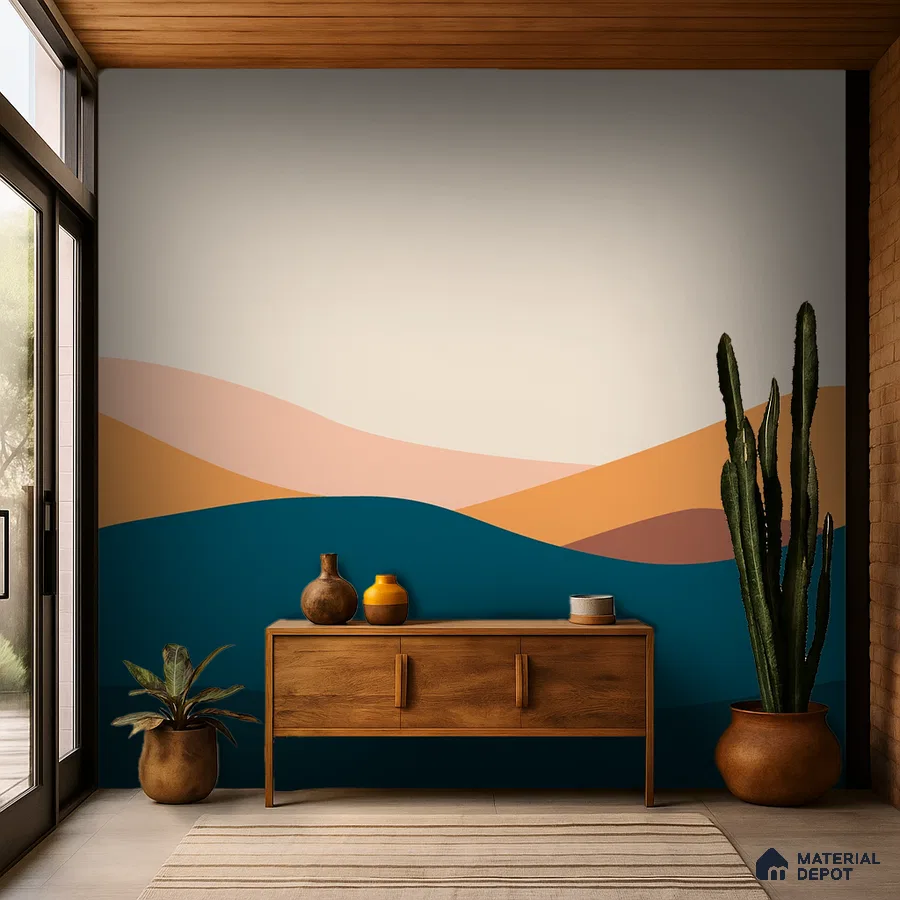Mid-century modern foyer with abstract geometric wallpaper and natural wood console in Bengaluru