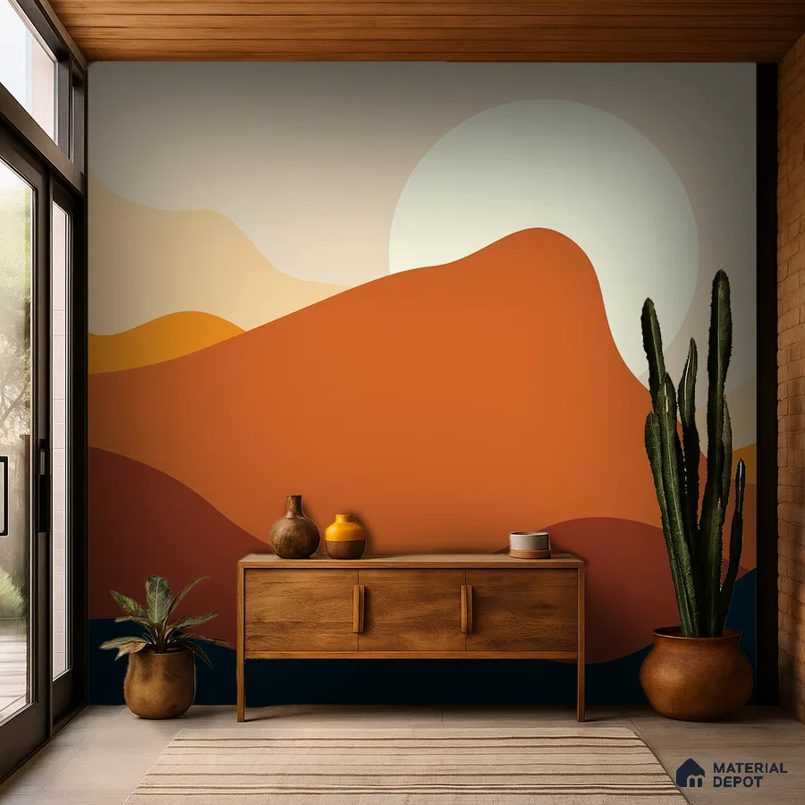 Mid-century modern foyer with abstract geometric wallpaper and natural wood console in Bengaluru
