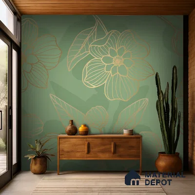 Mid-century modern foyer with green floral wallpaper and walnut wood console in Bengaluru
