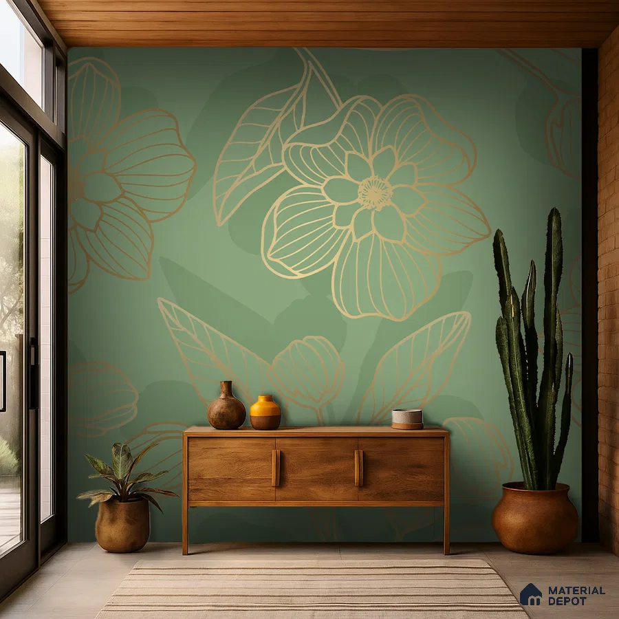 Mid-century modern foyer with green floral wallpaper and walnut wood console in Bengaluru