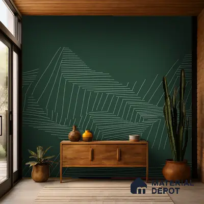Mid-century modern foyer with green geometric wallpaper and natural wood console in Bengaluru