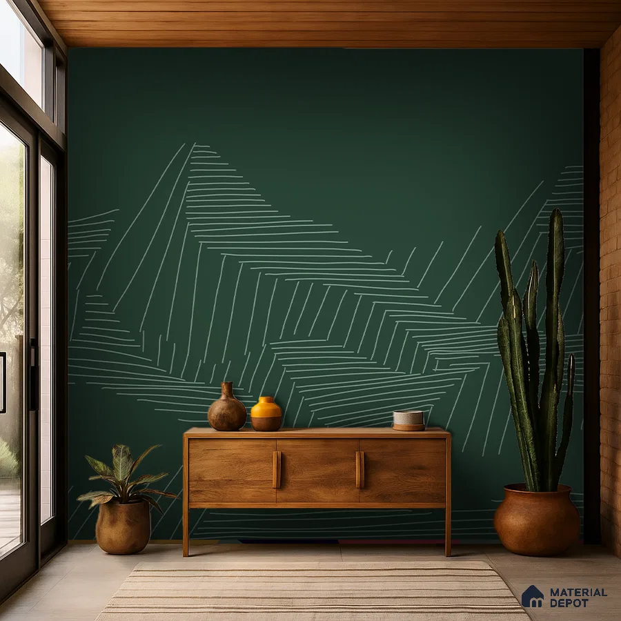 Mid-century modern foyer with green geometric wallpaper and natural wood console in Bengaluru