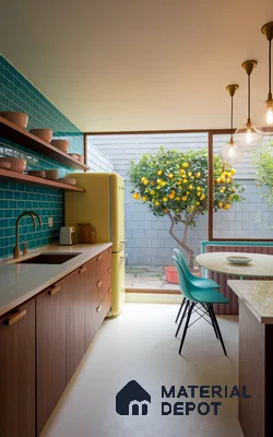 Mid-century modern kitchen with teal subway tile backsplash, walnut laminate cabinets, and white quartz countertop in Bengaluru | Material Depot