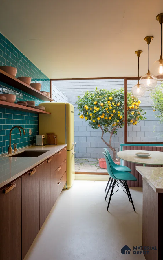 Mid-century modern kitchen with teal subway tile backsplash, walnut laminate cabinets, and white quartz countertop in Bengaluru | Material Depot