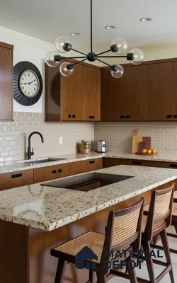 Mid-century modern kitchen with walnut brown laminate, terrazzo countertop, and beige subway tile backsplash in Bengaluru | Material Depot