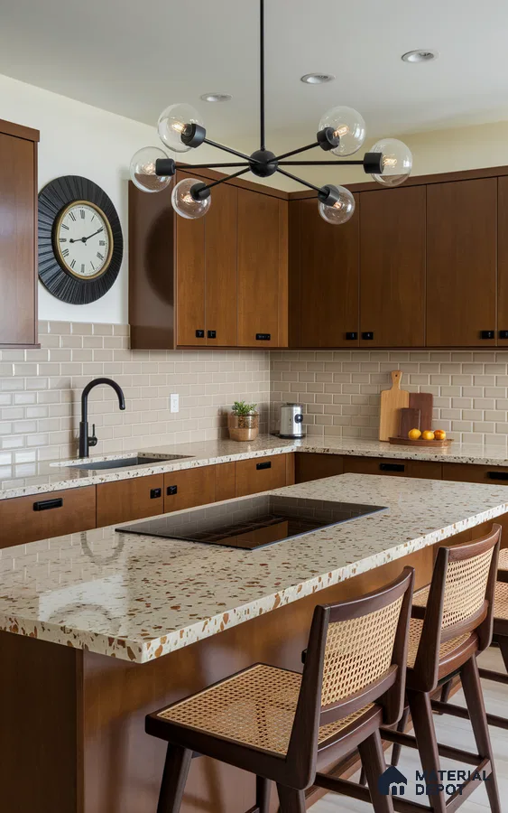 Mid-century modern kitchen with walnut brown laminate, terrazzo countertop, and beige subway tile backsplash in Bengaluru | Material Depot