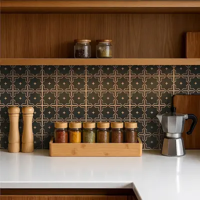 Mid-century modern kitchen with walnut laminate cabinets, white quartz countertop, and black geometric patterned backsplash tile