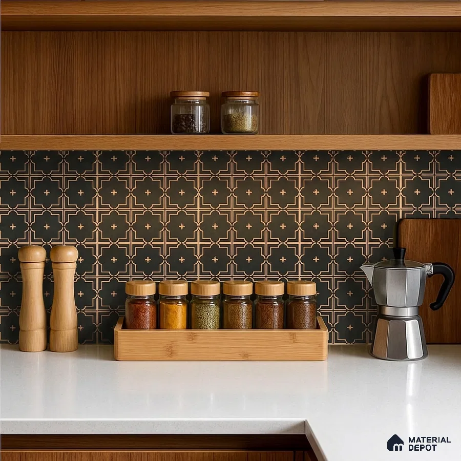 Mid-century modern kitchen with walnut laminate cabinets, white quartz countertop, and black geometric patterned backsplash tile
