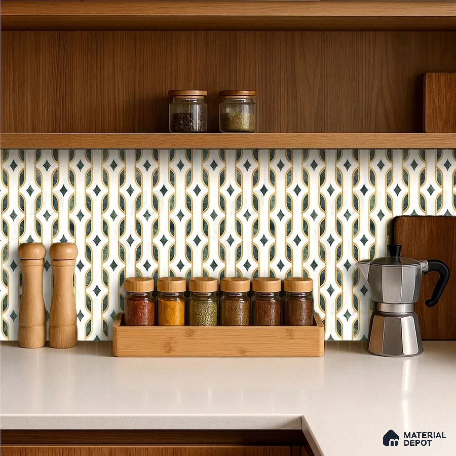 Mid-century modern kitchen with walnut laminate cabinets, white quartz countertop, and geometric patterned backsplash tile