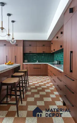 Mid-century modern kitchen with walnut wood laminate, green backsplash tile, and terrazzo checkerboard floor in Bengaluru | Material Depot