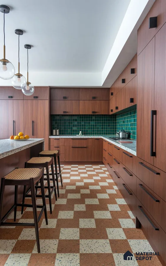 Mid-century modern kitchen with walnut wood laminate, green backsplash tile, and terrazzo checkerboard floor in Bengaluru | Material Depot