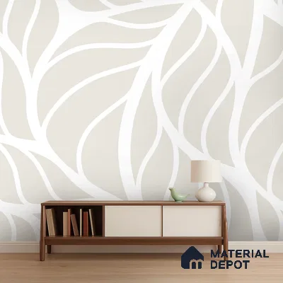 Mid-century modern living room with abstract beige and white geometric wallpaper and wooden console in Bengaluru