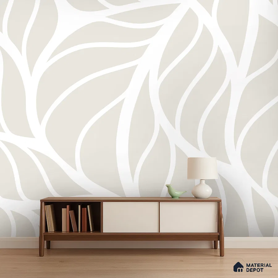 Mid-century modern living room with abstract beige and white geometric wallpaper and wooden console in Bengaluru
