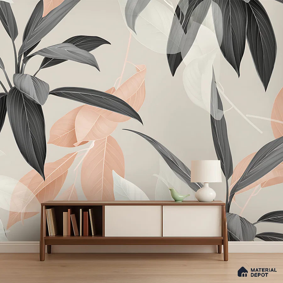 Mid-century modern living room with abstract floral wallpaper and walnut wood console in Bengaluru