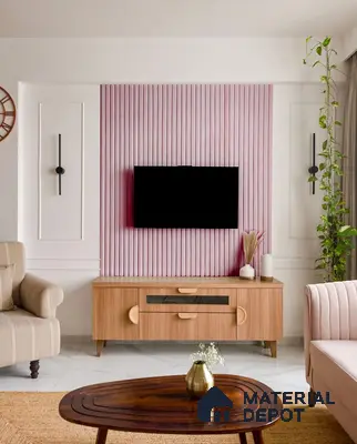 Mid-century modern living room with pink fluted wall panels and oak wood TV unit in Purva Fountain Square Marathahalli 2 BHK Bengaluru Apartment