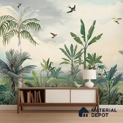 Mid-century modern living room with tropical wallpaper and walnut wood console in Bengaluru