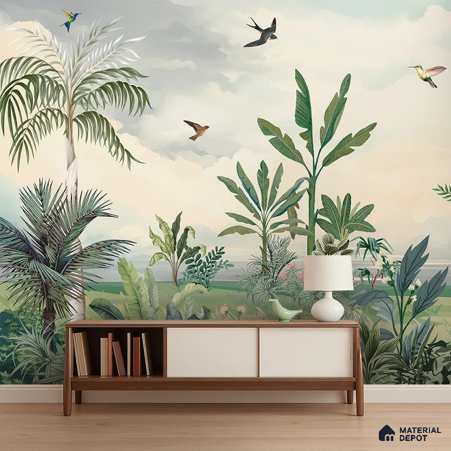 Mid-century modern living room with tropical wallpaper and walnut wood console in Bengaluru