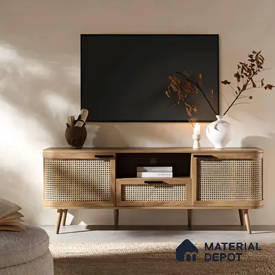 Mid-Century Modern TV Stand with Rattan Accents | Material Depot